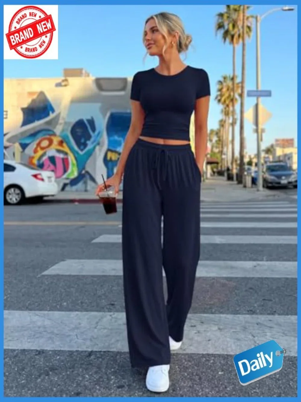 Women's 2 Piece Lounge Set Side Ruching Top Wide Leg Pants with Pockets